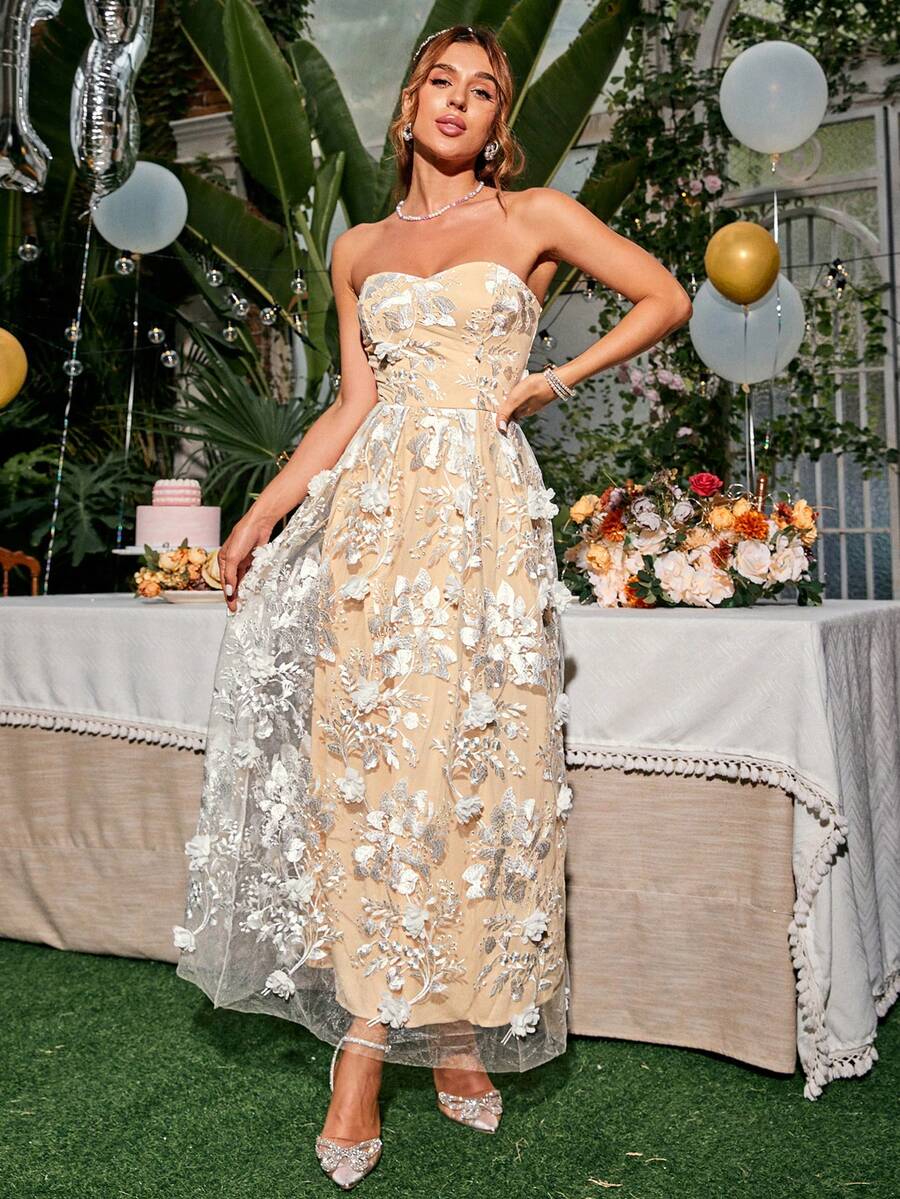 Simplee Women'S Embroidery 3d Flower Mesh Contrast Strapless Cocktail Party Dress - White - View 1