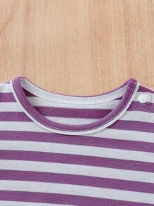 SHEIN Baby Girl Simple & Fashionable Pink Rabbit Printed Yellow Rabbit Printed Purple Striped 3pcs Short Sleeve Romper Pajamas - Multicolor - View 7