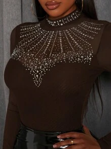 Slaydiva Women's Long Sleeve Mesh Contrast Rhinestone Bodysuit - Brown - View 1