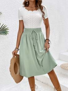 SHEIN Frenchy Damski Brzeg Scallop Krótki Rękaw Koszulka  I Zestaw spódnic