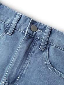 少女心形圖案磨邊下擺直筒牛仔褲 - 藍色 - 查看 4