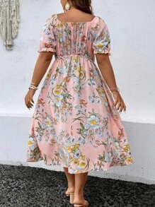 Breezaya Plus Size Boho Floral Printed Square Neckline Dress, For Summer - Pink - View 2