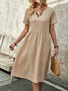 EMERY ROSE Vestido Manga Curta de Gola Redonda para Primavera Feminino com Bolsos e Estampa de Boneca - Damasco - Visão 5