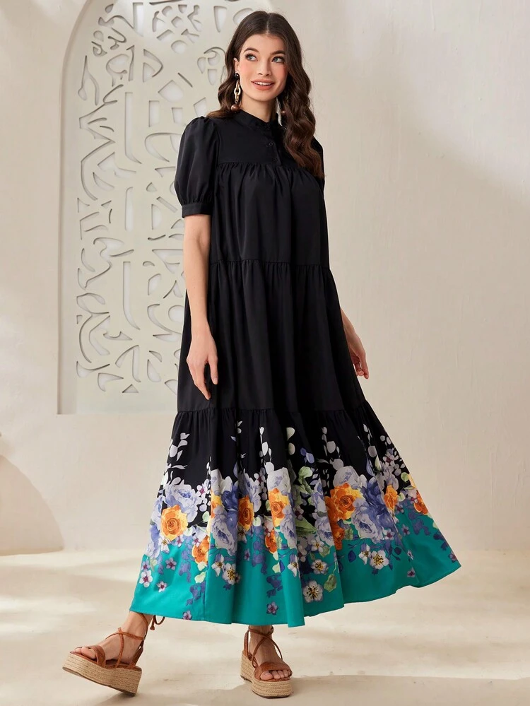 Women's Arabic Style Dress With Floral Print, Puff Sleeves And Ruffled Hem