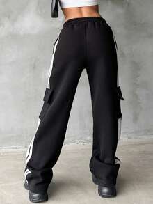 EURMUSE 女士條紋彈性腰汗褲,帶側邊條紋 - 黑色 - 查看 2