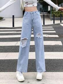 Teen Girls' Vintage Street Ripped Wide Leg Jeans, Basic And Relaxed Fitting - Light Wash - View 5