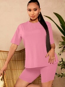 SHEIN SXY Quý cô Màu thuần Đồ đan Ribbed Bộ - Màu Hồng baby - Xem 5