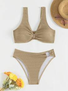 SHEIN Swim Ladies' Ruffle Two Pieces Bikini Set Music Festival Summer Beach - Brown - View 7