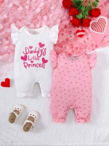SHEIN 2pcs Baby Girl Heart Print Cap Sleeve Knitted Romper With Slogan And Ruffle Hem, Spring/Summer - Multicolor - View 7
