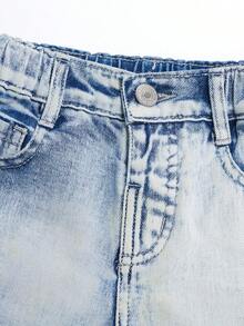 幼兒女孩街頭服飾重度水洗寬鬆舒適磨邊牛仔短褲 - 淺色水洗藍 - 查看 7
