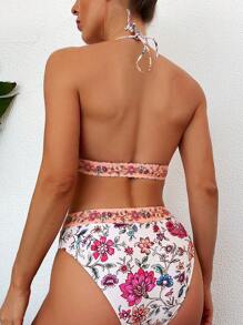 SHEIN Swim Conjunto de bikini con cuello de halter y estampado floral para mujer, nuevo para el verano y el año nuevo