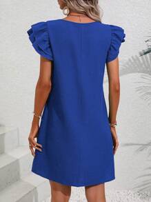 Breezaya Round Neck Double Layer Ruffle Sleeve Dress Vacation Beach Outfits Women - Blue - View 2
