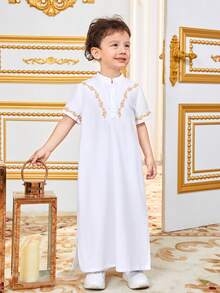 SHEIN Trẻ Con trai Giải trí Đứng cổ áo Ngắn tay Dài Áo sơ mi - trắng - Xem 3