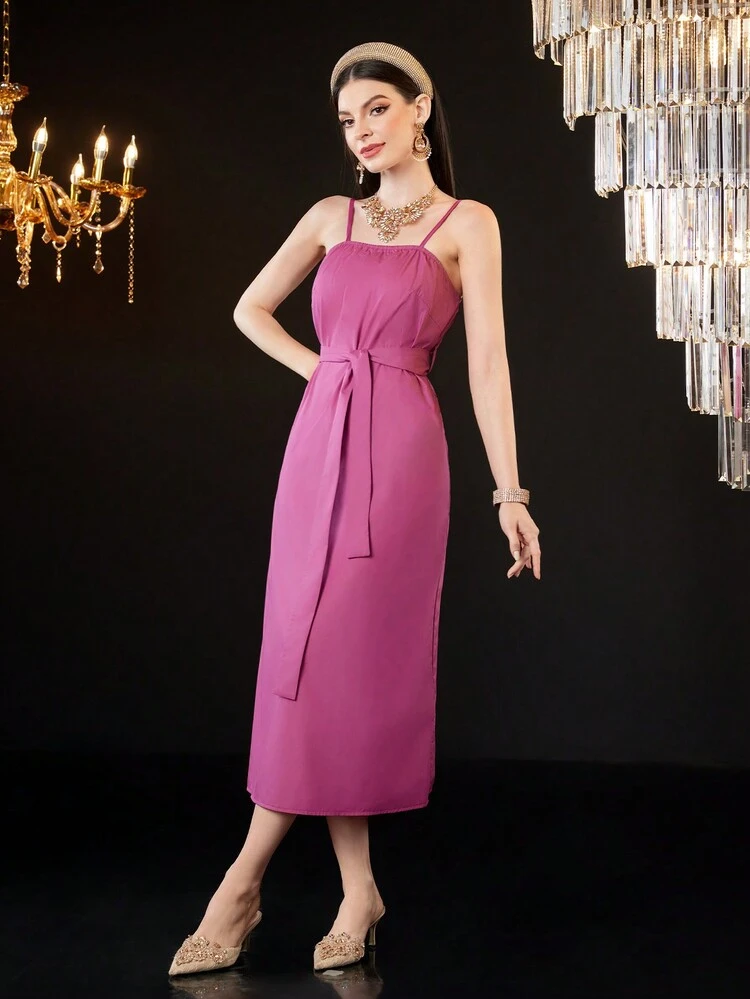 Women's Belted Cami Dress And Long Sleeve Coat Set 2 Piece Set