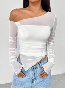 Flirla Camiseta Informal Con Escote Asimétrico Y Empalme De Malla Para Mujer - Blanco - Ver 1