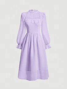SHEIN MOD 女士紫色純色春裝洋裝,帶有荷葉邊裝飾 - 淡紫色 - 查看 1