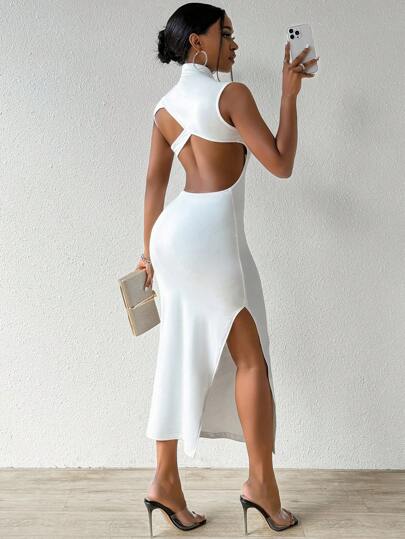 SOLERSUN 女式纯色镂空开衩连衣裙长款女装