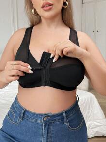 Plus Size Front Hook Closure Wireless Mesh Contrast Brassiere Lingerie - Black - View 4