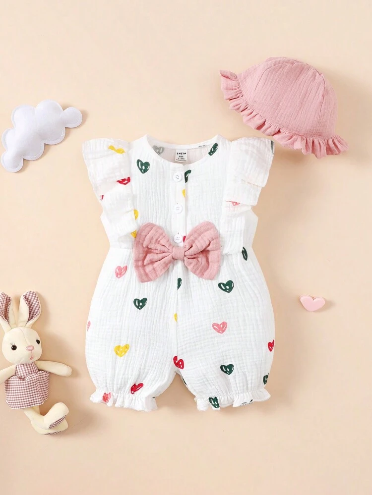Baby Girl Casual Heart Shaped Romper With Ruffle Hem