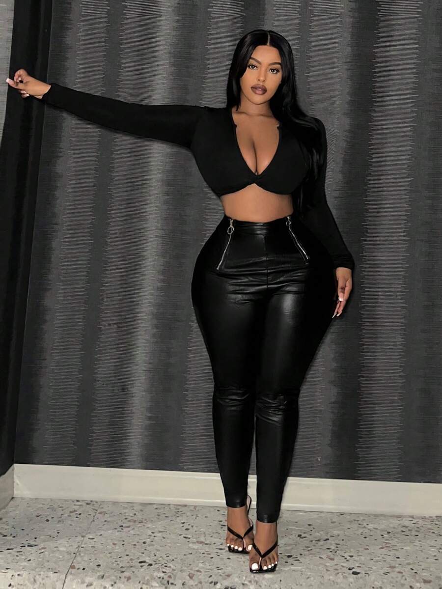 Slaydiva Của phụ nữ Kích thước lớn Chi tiết dây kéo Xà cạp - màu đen - Xem 1