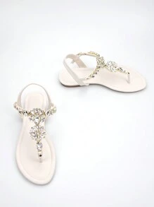 Women's Gorgeous Rhinestone Chain Buckle Decor Beige Ankle Strap Flat Sandals For Casual Parties Valentines,Flip Flops,Spring Summer Outfits - Beige - View 5