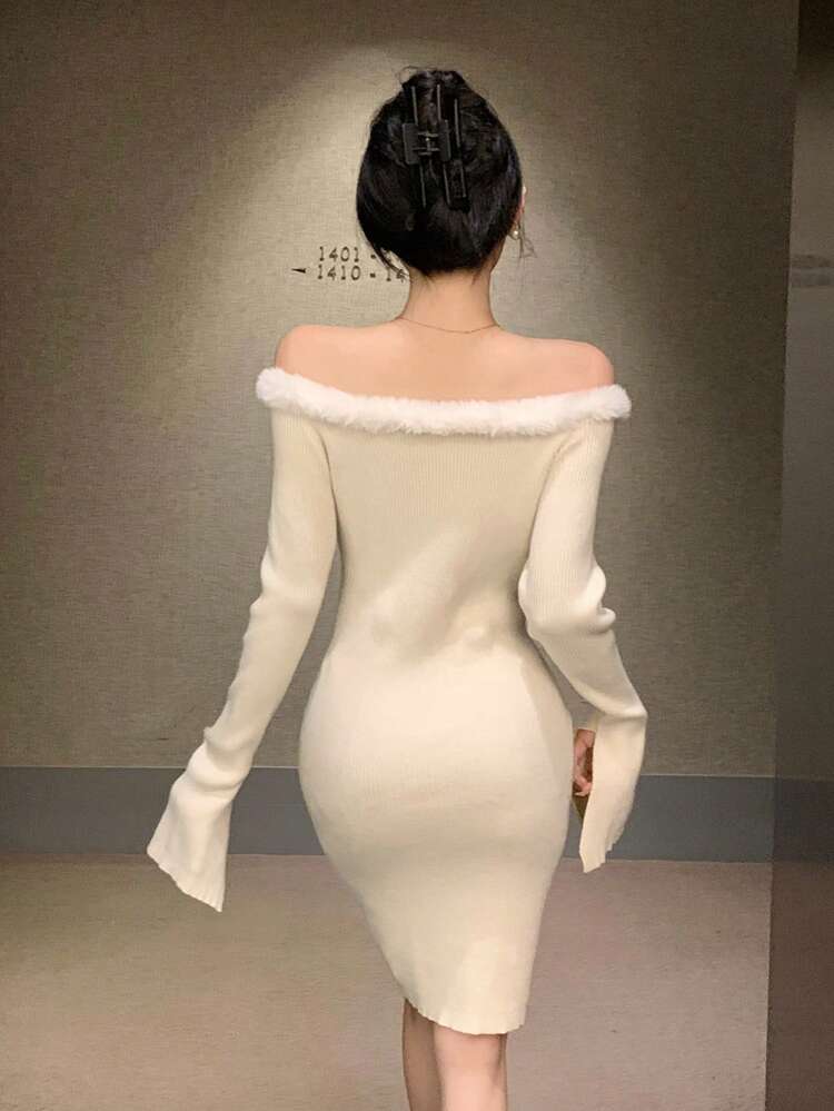 Off-Shoulder Women'S Patchwork Furry Dress, Birthday Prom Dress,Fall Clothes Long Sleeve Dress Elegant Women Dresses
