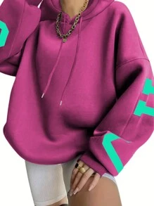 INAWLY 女士字母印花连帽套头衫秋季卫衣 - 玫紅色 - 查看 3