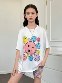 SHEIN Tween Girls' Knitted Solid Color Round Neck Loose Fit Casual T-Shirt And Shorts Co-Ord Set - White - View 4