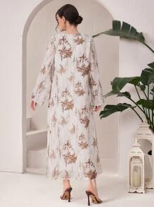 Al Najma Loose Casual Printed Notched Neck Modest Long Sleeve Dress - Apricot - View 2