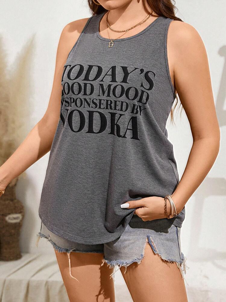 SHEIN LUNE Plus Size Gray Round Neck Casual Tank Top For Summer With Printed Slogan - Grey - View 3