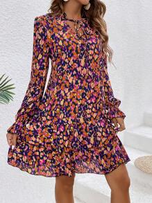 SHEIN Frenchy All-Over Print Notch Collar Ruffle Dress Winter Vacation Flower Beach - Multicolor - View 6