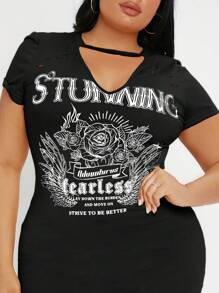 SHEIN SXY Kích thước lớn Của phụ nữ Ngắn tay In Cổ chữ V Đầm - màu đen - Xem 3