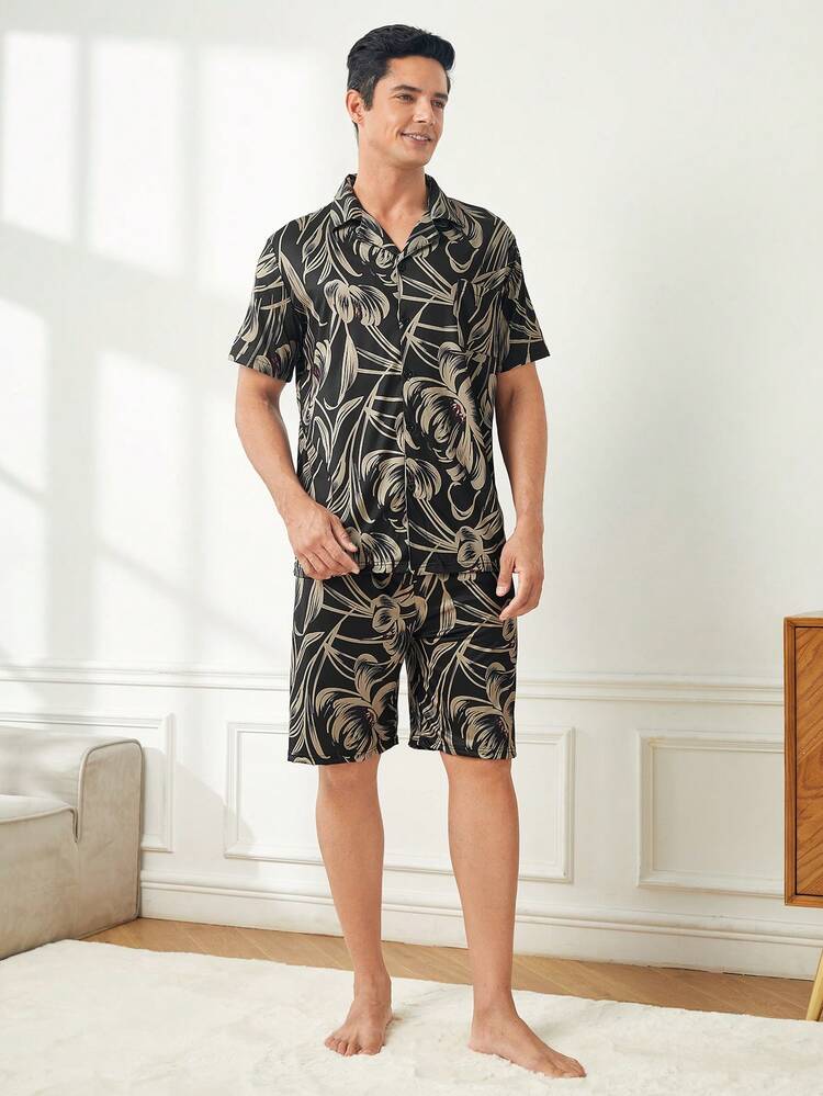 Men's Black Flower Print Shirt Collar Short Sleeve And Shorts Homewear Set