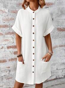 SHEIN LUNE 純色釦前女襯衫連身裙 - 白色 - 查看 6