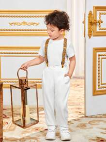 Young Boy Casual Geometric Pattern Overalls With Braces Sibling - White - View 6