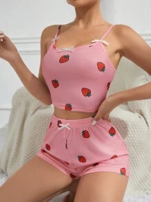 Conjunto De Pijama Con Estampado De Fresas Y Lazo Decorativo Para Mujer - Multicolor - Ver 5