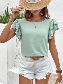 SHEIN Frenchy 女士蕾絲和褶皺後拉帶下擺襯衫 - 綠色 - 查看 6