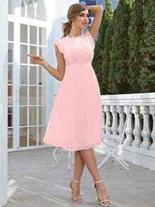 Simplee Women's Round Neck Frill Hem Dress - Pink - View 3