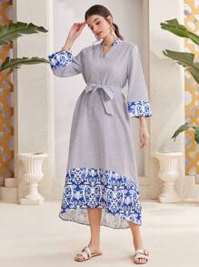 Seusyu Women's Floral Printed Vertical Striped Abaya Dress - Blue - View 3