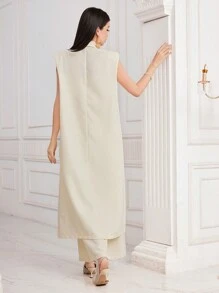 Modelyn Của phụ nữ Cổ áo không bâu Độn vai Áo vest Áo khoác - Màu be - Xem 2