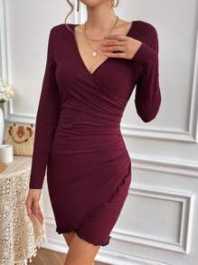 SHEIN Frenchy 情人節洋裝女式純色裹身百褶連身裙 - 鏽棕色 - 查看 1