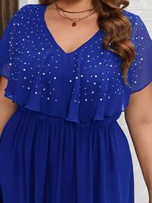 SHEIN Clasi Plus Size Waist-Fitting Rhinestone Decorated Dress - Royal Blue - View 7