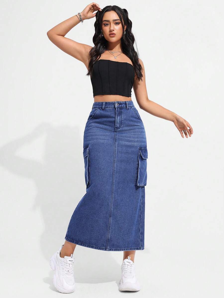 SHEIN EZwear Women's Denim Cargo Skirt - Blue - View 1