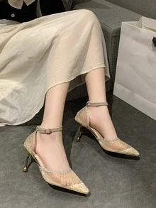 New Spring/Summer 2024 Elegant Pointed Toe Mesh Diamond Stilettos With Ankle Strap For Women, Breathable - Rose Gold - View 1