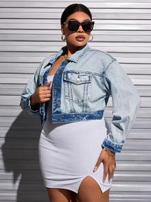 SHEIN SXY Của phụ nữ Kích thước lớn Tương phản Màu sắc Nút phía trước Áo khoác denim Với Túi - Rửa nhẹ - Xem 3