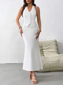 SHEIN Privé 女士純色法式領口露背背心外套和長尾魚裙,適合婚禮、節日、約會和度假 - 白色 - 查看 6