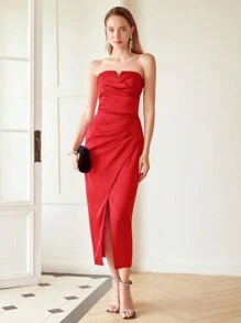 MOTF PREMIUM WOVEN WOMEN'S WRAP PLEATED STRAPLESS DRESS - Burgundy - View 1
