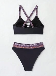 SHEIN Swim 夏季女士拼接编织肩带镂空比基尼套装 - 黑色 - 查看 7