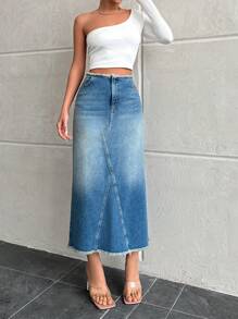 EURMUSE Denim Skirt With Frayed Hem And Back Split - Medium Wash - View 5