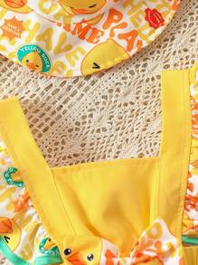 Baby Girls' Duck Printed Ruffle Strap Bodysuit & Hat Set, Comfortable, Fashionable, Fun, Casual, Spring/Summer - Yellow - View 3